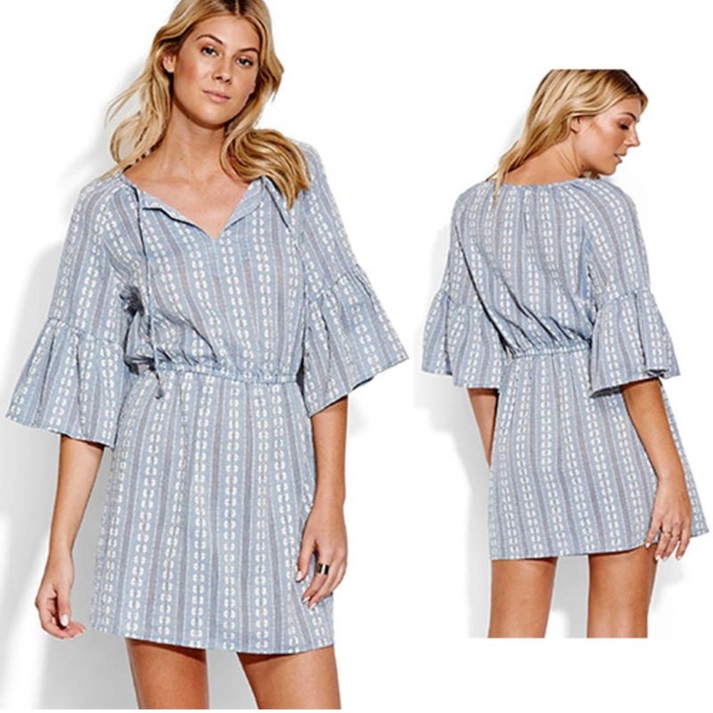 Seafolly Chambray Floral Embroidered Dobby Stripe Blue Cover-Up Dress Small‎